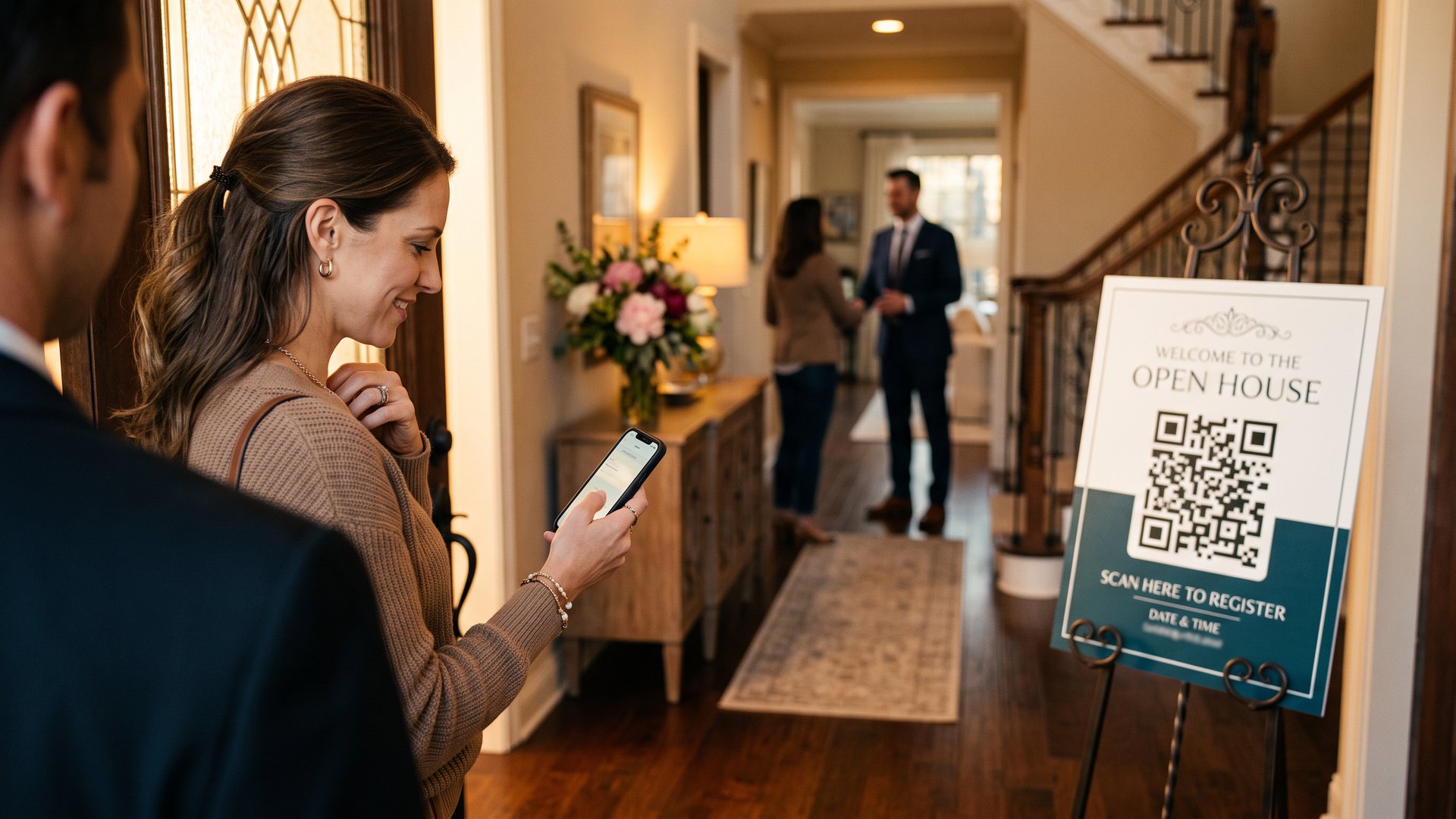 A visitor checking in on her phone at the front door