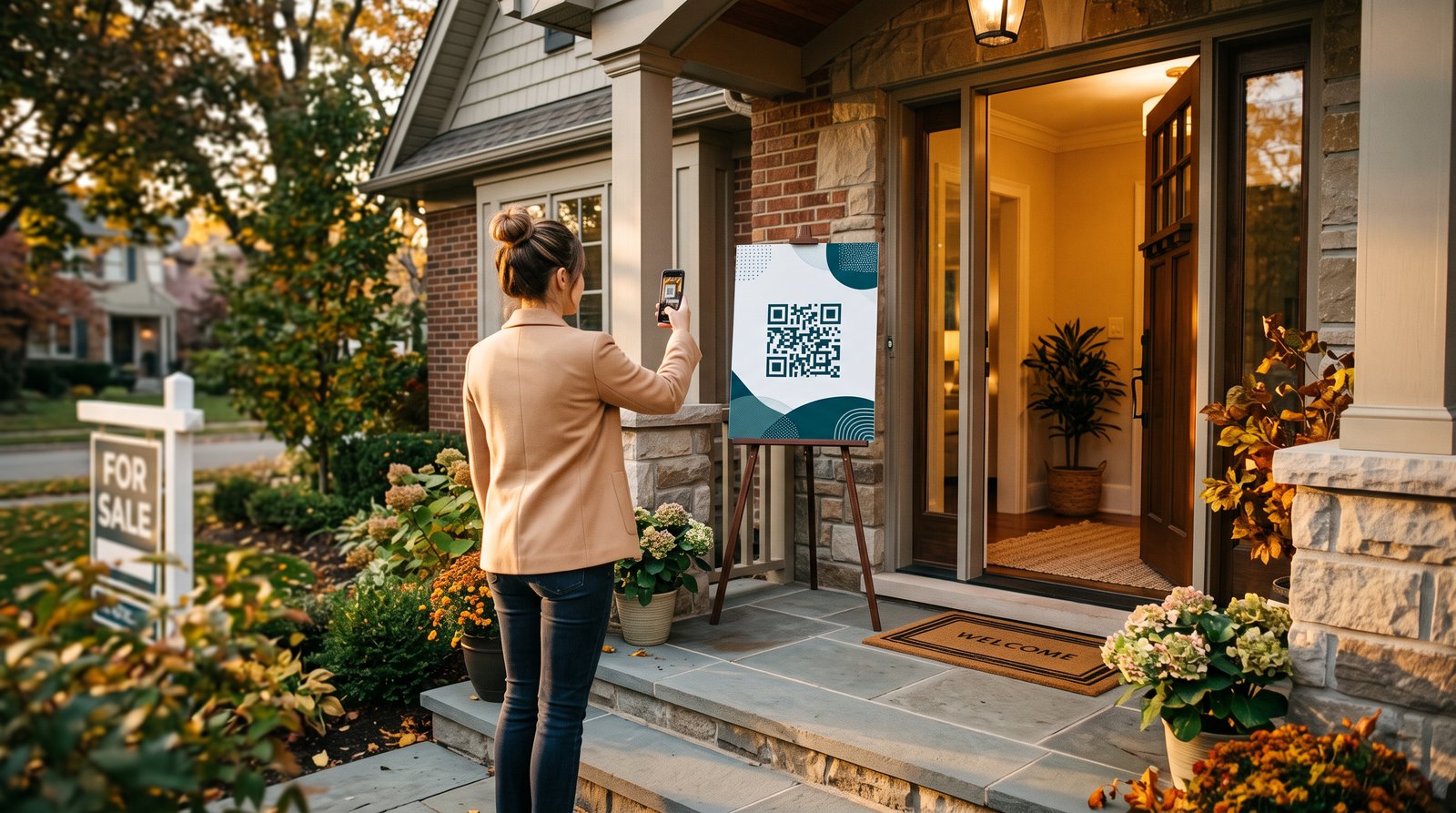 A visitor scanning the QR welcome sign on an easel beside the front door of an open house
